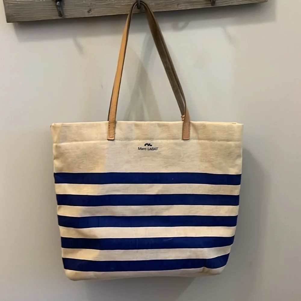 Marc Lamar Canvas Tote Bag Leather Handles & Trim Striped Zipper Top Jute Tassel